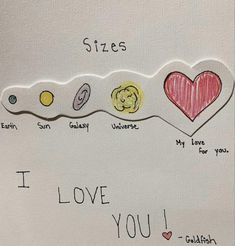 a piece of paper that has some writing on it with images of planets and hearts