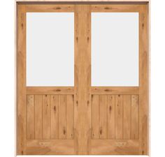 an oak double door with two glass panels