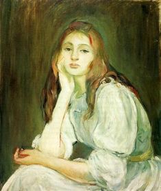 a painting of a woman sitting down with her hand on her chin