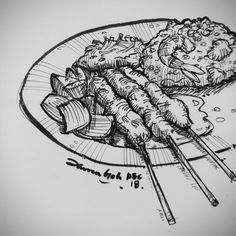 a drawing of food on a plate with chopsticks and sauce in the middle