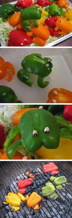 three different pictures of vegetables being cooked on the grill