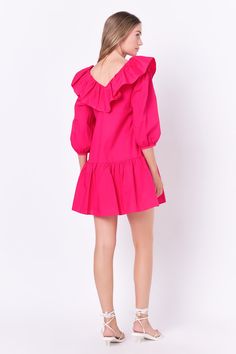 This sweet and chic ruffled mini is perfect for dressing up or dressing down. With a flattering v-neckline and delicate ruffle detail, this mini is perfect for showing off your curves. Made with a soft and lightweight fabric, it's perfect for layering. Dress it up with heels or dress it down with sandals - either way, you're sure to fall in love with our ruffled mini. V neckline Ruffle detail 3/4 puff sleeve Mini length Lining Hand wash cold Do not bleach Do not tumble dry Iron low Shell: 100% Cotton Lining: 80% Polyester 20% Cotton HN1196D Total length :33.75" Bust :36.5" S Height 5'9"/(175cm) / Bust 30"/(76.5cm) / Waist 24.5"(62cm) / Hip 34"(86cm) Pink V-neck Mini Dress With Ruffle Hem, Feminine Spring V-neck Dress With Ruffles, Spring V-neck Dress With Ruffles For Date Night, Spring Tiered V-neck Dress With Ruffles, Chic V-neck Dress With Ruffle Hem For Day Out, Spring Mini V-neck Dress With Ruffle Hem, Spring V-neck Dress With Ruffle Sleeves, Chic Pink V-neck Ruffle Dress, Flirty V-neck Dress For Spring Brunch