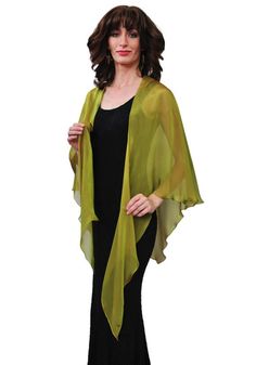 "100% silk iridescent chiffon shawl Color: #418 Gold Lime Width from tip to tip - 64\" Length to point of widest part - 30\" The charm of this iridescent gold - lime shawl - wrap is created by combinations with blends of the beautiful shimmering tones of vibrant Green Apple color with hint of warm Caramel. This airy fluttering scarf - wrap, made with iridescent 100% silk chiffon will give a modern chic to finalize of your stylish image. Also available in 35 colors. Before you will make your orde Elegant Green Shawl For Spring, Elegant Green Scarf, One Size, Green Apple Caramel, Apple Caramel, Wedding Shawls, Chiffon Shawl, Apple Coloring, Wedding Shawl, Modern Chic