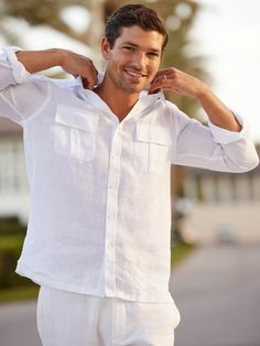 With its patch-and-flap chest pockets and roll-up-sleeve tabs, this handsome hot-weather shirt evokes a bygone world of safari picnic hampers and ceiling fans. It's resort wear for the man on the move, with a flat hem that makes it easy to wear untucked. | J.McLaughlin Men's Christos Classic Fit Linen Shirt White, Size XL Safari Picnic, Short Kurta For Men, Picnic Hamper, Kurta For Men, Short Kurta, Linen Shirt Men, J Mclaughlin, White Hot, Denim Collection