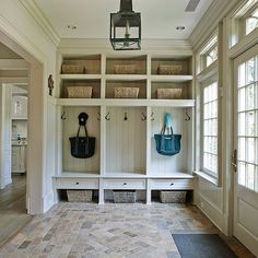 the inside of a house with lots of shelves