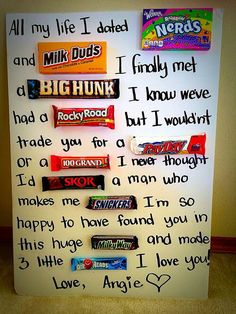 a candy bar sign with words written on it