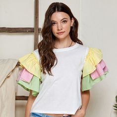 Top Fashion T-Shirt, Featured As Tiered Multi Color Ruffled Sleeve. Round Neckline. Top Only. 95% Cotton, 5% Spandex Trendy Cotton T-shirt With Ruffle Sleeves, Multicolor Cotton Ruffle Sleeve Tops, Multicolor Cotton Top With Ruffle Sleeves, Multicolor Cotton Tops With Ruffle Sleeves, Trendy Summer Short Sleeve Top With Ruffles, Trendy Ruffled Short Sleeve T-shirt, Multicolor Cotton Ruffle Tops, Spring Cotton T-shirt With Ruffle Sleeves, Spring Cotton Short Sleeve Top With Ruffle Sleeves