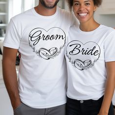 a man and woman wearing t - shirts with the words groom and bride on them