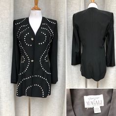 This is a beautiful vintage black single-breasted jacket / blazer by Gazzelle Ciampi for MAGALI Collection with rhinestone design appliqué and crystal looking buttons, in a great vintage condition, padded shoulders. size tag cut off, fits size 8-10 Measurements ( flat): Shoulder to shoulder: 15.5'' Armpit to armpit: 19.5'' Sleeve Length: 23.5'' waist: 16.5'' Shoulder to Hem: 30.5'' Fitted Black Blazer With Rhinestones, Formal Fitted Blazer With Rhinestones, Embellished Fitted Blazer With Long Sleeves, Fitted Embellished Long Sleeve Blazer, Fitted Rhinestone Blazer For Formal Occasions, Black Embellished Long Sleeve Blazer, Elegant Long-sleeved Blazer With Rhinestones, Long Sleeve Blazer With Rhinestones For Work, Formal Long Sleeve Blazer With Rhinestones