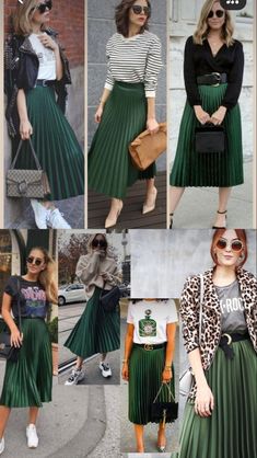 Green Skirt Work Outfit, Charcoal Skirt Outfit, Pleated Leopard Skirt Outfit, Pleated Skirt Office Outfit, Silk Pleated Skirt Outfit, Long Black Skirt Outfit Work, Bottomless Brunch Outfit Ideas, Green Skirt Outfit Ideas, Emerald Green Outfit