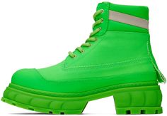 Handcrafted ankle-high PETA-certified recycled canvas boots in green. Water-resistant. · Lace-up closure · Logo printed at padded tongue · Padded collar · Text and logo printed at outer side · Logo embossed at heel counter · Textured rubber midsole · Treaded rubber outsole Supplier color: Neon green Trendy Green Boots For Outdoor, Casual Green High-top Boots, Green Outdoor Boots With Lug Sole, Trendy Green Boots With Lug Sole, Green High-top Boots For Outdoor, Green Insulated Boots With Round Toe, Green Ankle Boots With Lug Sole, Trendy Green Lace-up Boots, Casual Insulated Green Boots