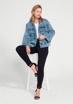 Turn heads in the modern, boxy Sloane Jean Jacket. With an oversized silhouette that makes for comfortable layering and pockets you can actually do something with, we’ll be wearing this one all year round. Our famous stretch denim won’t hold you back as you make moves around town. Relaxed, boxy fit through body. Hits at high hip. Featuring hidden snap closure, 2 front patch pockets, 2 side-entry pockets, and relaxed sleeves with dropped shoulder seams. 23½ inches from top of shoulder to hem, 18½ Trendy Spring Outerwear With Side Pockets, Trendy Oversized Cropped Jacket For Fall, Modern Outerwear With Side Pockets For Fall, Trendy Oversized Utility Jacket For Work, Chic Relaxed Fit Denim Jacket For Fall, Modern Fall Outerwear With Side Pockets, Versatile Spring Outerwear With Pockets, Spring Casual Outerwear With Side Pockets, Oversized Casual Shacket With Side Pockets