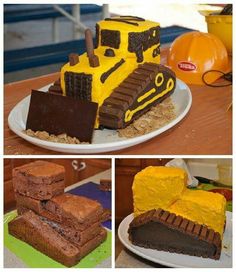 there is a cake made to look like a bulldozer on the ground and in the middle