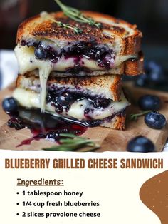 the blueberry grilled cheese sandwich is stacked on top of each other