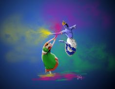 two women are dancing in the air with colored powder on their bodies and arms as if they were performing an acrobatic dance