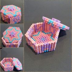 several pictures of different types of cupcakes made out of plastic beads and colored pencils