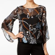 $69.50 Retail From Macy's Brown Tops For Spring Night Out, Brown Top For Spring Night Out, Floral Print Chiffon Blouse, Floral Chiffon Blouse, Blouson Top, Coral Blouse, Womens Tops Dressy, Angel Sleeve, Black And White Blouse