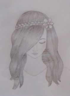 a drawing of a girl with long hair and flowers in her hair, wearing a flower crown