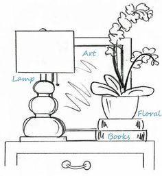 a drawing of a living room with plants and lamps on the end table, labeled