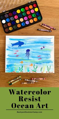 Paint an underwater ocean scene using crayons and watercolor resist that includes your favorite sea creatures. Make this kids' art for a fun summer art project. Learn how at Backyard Summer Camp. Crayon Watercolor Art, Sea Creatures Crafts, Summer Art Activities, Watercolor Resist, Sea Creatures Drawing, Salt Art