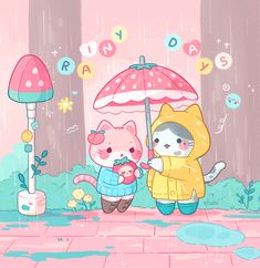 an animated image of two cats in raincoats and holding an umbrella with the word hello kitty on it