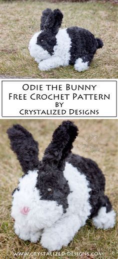 an adorable black and white bunny laying on the ground with text overlay that reads, opie the bunny free crochet pattern by crystalized designs