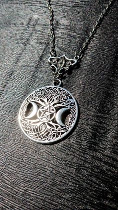 "Triple Moon Amulet on 24\" silvertone chain. Gift boxed and professionally branded and packaged. Please view all photos for size reference." Moon Amulet, Celtic Pagan, Buddhist Mala, Goddess Pendant, Witch Stuff, Mystical Places, Cozy Mystery, Protection Amulet, Pensacola Fl