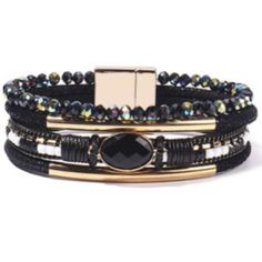 Unique Design: The Black Leather Bracelet Features Dainty Crystals And A Black Resin Stone. Get The Stackable Bangle For Your Daily Outfit. Magnetic Buckle: Length: 7.7 Inch, Width: 0.8 Inch. It Is Easy To Put On And Take Off The Bead Wrap Bracelet With The High Quality Magnetic Clasp. Quality Control: The Boho Bracelet Is Made Of Top Grade Leather, Comfortable To Wear, No Fading, No Pungent Smell. Just Ask For Availability Item No Ap0008 Black Metal Wrap Bracelet For Gift, Elegant Black Metal Wrap Bracelet, Adjustable Metal Wrap Bracelet For Party, Black Bohemian Leather Bracelet, Adjustable Black Metal Bracelets, Bohemian Black Metal Cuff Bracelet, Black Metal Bohemian Cuff Bracelet, Adjustable Elegant Leather Bracelet For Party, Trendy Black Metal Beaded Bracelets