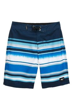 O'Neill Toddler Boys Board Shorts   Size:  2T Condition:  New with tags attached Fabric:  100% polyester Color:   Blue white multi stripe print MSRP:  $28.00   Board shorts have a front velcro closure with elastic waist in the back. No pockets Logo on the leg Summer fun and beach ready!    Please ask questions before bidding.  All items come from a clean, smoke free home.