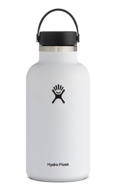 the hydro flask water bottle is white and has a black lid