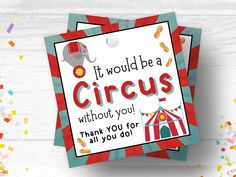 a circus card with confetti around it