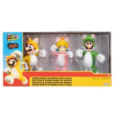 three action figures are shown in the packaging for mario and luigi's world adventure