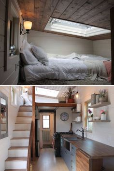 this tiny house has stairs leading up to the loft