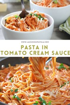 pasta in tomato cream sauce with parmesan cheese being drizzled over it