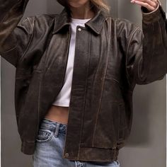 Brown Oversized Leather Jacket, Brown Leather Jacket Outfit, Women Casual Wear, Ballet Inspired Fashion, Oversized Leather Jacket, Leather Jacket Women, Lambskin Leather Jacket, Leather Jacket Outfits, Real Leather Jacket