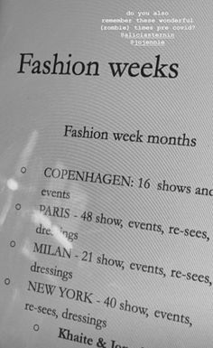 the fashion week menu is displayed in black and white