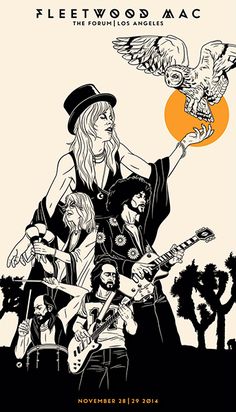 the poster for fleetwood mac's concert, featuring an image of a woman holding a guitar