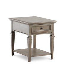 an end table with one drawer on the top and two drawers on the bottom, all in grey wood