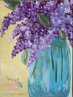 an acrylic painting of purple flowers in a blue vase on a yellow background