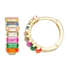 Decorated with colorful CZ gemstones, these 18k gold-over-silver hoops are a vibrant addition to your jewelry collection. Decorated with colorful CZ gemstones, these 18k gold-over-silver hoops are a vibrant addition to your jewelry collection. Length: 13 mm Backings: click-it Metal: sterling silver Plating: 18k gold flash plated Finish: polished Packaging: boxedSTONE DETAILS Stone type: cubic zirconia Total weight: 2 9/10 ct. Shape: rectangle Setting: prong Gemstones may have been treated to enh Gold Multi-stone Hoop Earrings As A Gift, Multicolor Fine Jewelry Hoop Earrings As Gift, Multicolor Multi-stone Hoop Earrings, Multicolor Multi-stone Hoop Jewelry, Multicolor Gemstone Hoop Earrings In Fine Jewelry Style, Fine Jewelry Multicolor Hoop Earrings, Multicolor Multi-stone Hoop Earrings As Gift, Multicolor Huggie Earrings For Gifting, Fine Jewelry Multicolor Hoop