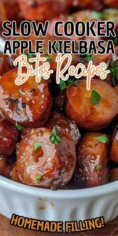 slow cooker apple kielbasa bites recipe in a white bowl on a wooden table