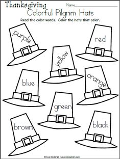 thanksgiving coloring pages with hats for children to color and read the words in each one