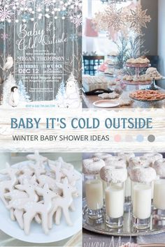 Baby It's Cold outside winter themed baby shower invitation in white, grey, pink and blue and snowflake baby shower ideas for a winter themed baby shower. December Baby Shower Themes, Snowflake Baby Shower Ideas, Forest Baby Shower Theme, December Baby Shower Ideas, Winter Baby Shower Ideas, Forest Baby Showers