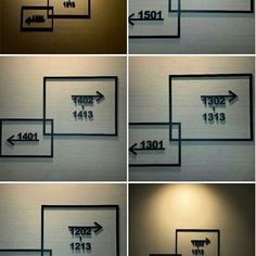 four different images of the same wall with arrows pointing in different directions and numbers on them