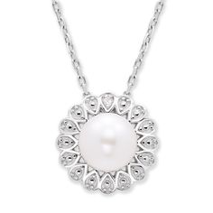 "Elevate your look with the elegant style of this pearl and diamond flower pendant necklace. Elevate your look with the elegant style of this pearl and diamond flower pendant necklace.  Pendant size: 11.5 mm Chain length: 16 in. - 18 in. Chain type: cable Clasp: lobster claw Nickel free Metal: sterling silver Plating: rhodium Finish: polished Packaging: boxedDIAMOND DETAILS Total weight: less than 1/10 ct. Shape: round Setting: micro prongCULTURED PEARL DETAILS Type: freshwater Size: 6.5 mm Shap Elegant Pearl Drop Necklace With Flower Pendant, Pearl Flower Pendant Necklace With Pearl Drop, Pearl White Pearl Necklace With Diamond Accents, Elegant Jewelry With Pearl Charm Flower Pendant, Elegant Flower Pendant Necklace With Pearl Chain, Elegant Pearl Necklace With Flower Pendant, Elegant Necklace With Pearl Charm And Flower Pendant, Pearl White Necklaces With Diamond Accents, Elegant Flower Pendant Necklace With Pearl Charm