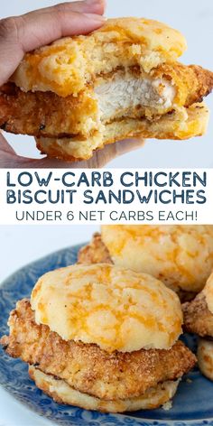 chicken biscuit sandwiches on a blue plate with the words low carb chicken biscuit sandwiches under 6 net cars each