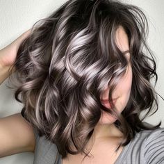 Chocolate Silver Hair, Hair Cuts Short For Women, Salt And Pepper Hair With Bangs, Deep Chocolate Brown Hair Color, Taupe Highlights, Deep Chocolate Brown Hair, Highlights For Gray Hair, Layered Haircuts Medium