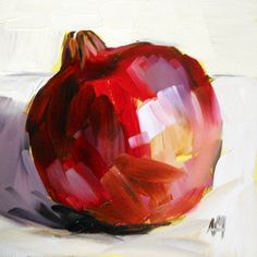 an acrylic painting of a pomegranate on a white surface,