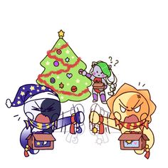 two cartoon characters near a christmas tree and another character with an angry look on their face