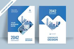 a blue and white business brochure with cityscape on the back cover